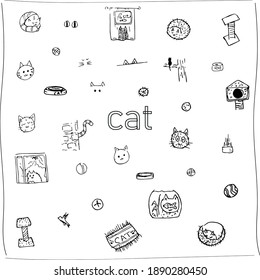 The cat set illustration with different elements - a cat on the window, a cat on a tree, a bowl, a ball, a scratching post, grass, a rug, a house for a cat, a fish.