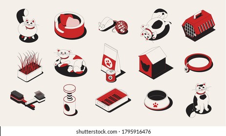 Cat set of isometric icons with isolated cats characters pet bowls food and toys with cradles vector illustration