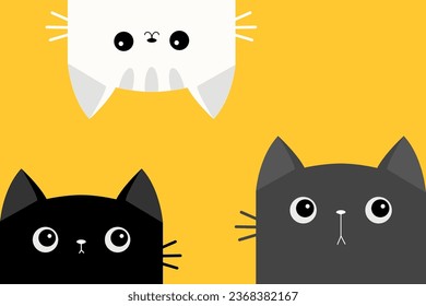 Cat set. Kitten in the corner. Black White Gray face icon. Funny kawaii doodle animal. Kitty upsidedown. Cute cartoon funny character. Three friends. Pet collection. Flat design Baby background Vector