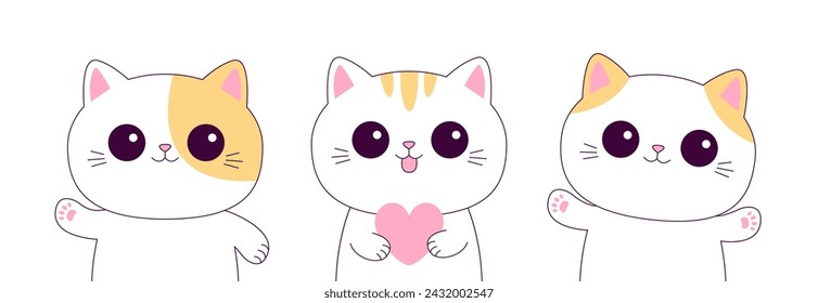 Cat set. Kitten holding pink heart. Paw print. White kitty. Happy Valentines Day. Contour line doodle. Funny face. Cute cartoon kawaii animal character. Flat design. Love card. White background Vector