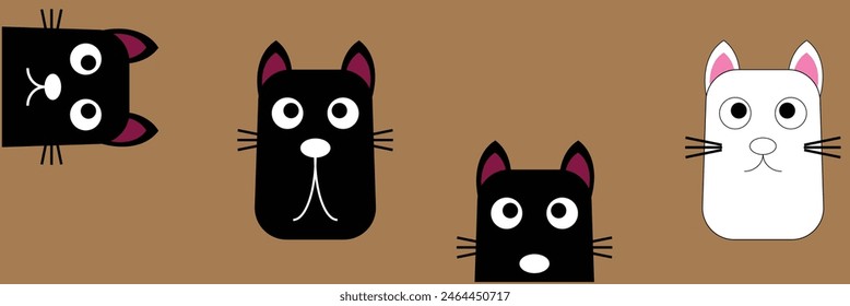 Cat set line banner. Happy sad black kitten head face. Hanging upside down. Cute kawaii funny cartoon baby character. Happy Halloween. Notebook sticker print. Brown background Vector. Eps10.