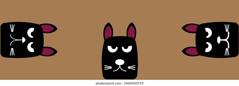 Cat set line banner. Happy sad black kitten head face. Hanging upside down. Cute kawaii funny cartoon baby character. Happy Halloween. Notebook sticker print. Brown background Vector. Eps10.