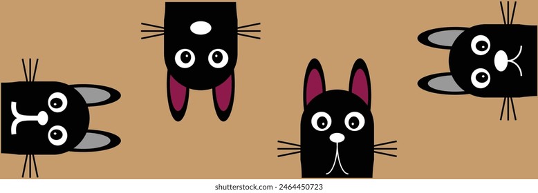 Cat set line banner. Happy sad black kitten head face. Hanging upside down. Cute kawaii funny cartoon baby character. Happy Halloween. Notebook sticker print. Brown background Vector. Eps10.