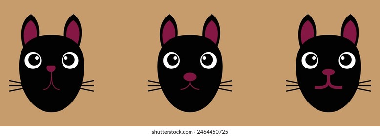 Cat set line banner. Happy sad black kitten head face. Hanging upside down. Cute kawaii funny cartoon baby character. Happy Halloween. Notebook sticker print. Brown background Vector. Eps10.