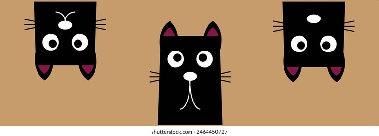 Cat set line banner. Happy sad black kitten head face. Hanging upside down. Cute kawaii funny cartoon baby character. Happy Halloween. Notebook sticker print. Brown background Vector. Eps10.