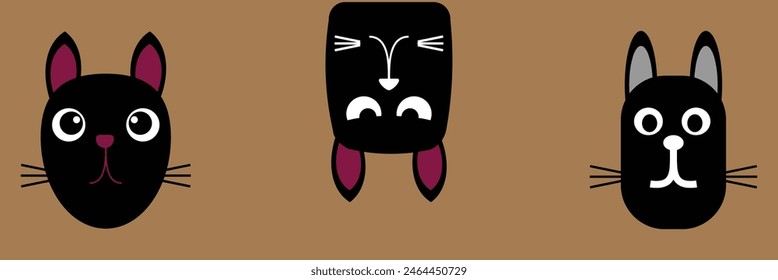 Cat set line banner. Happy sad black kitten head face. Hanging upside down. Cute kawaii funny cartoon baby character. Happy Halloween. Notebook sticker print. Brown background Vector. Eps10.