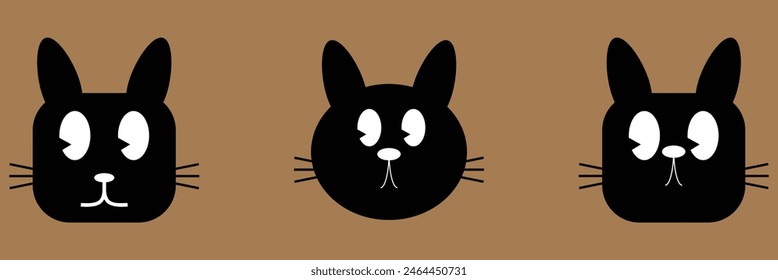 Cat set line banner. Happy sad black kitten head face. Hanging upside down. Cute kawaii funny cartoon baby character. Happy Halloween. Notebook sticker print. Brown background Vector. Eps10.