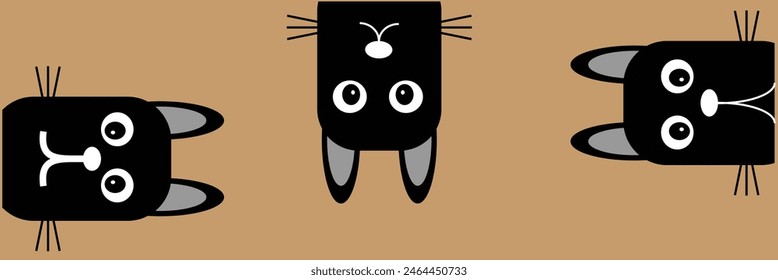 Cat set line banner. Happy sad black kitten head face. Hanging upside down. Cute kawaii funny cartoon baby character. Happy Halloween. Notebook sticker print. Brown background Vector. Eps10.