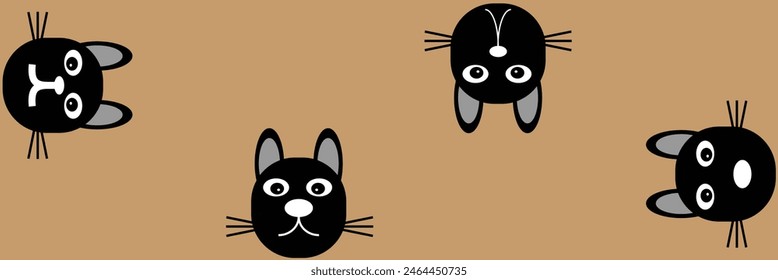 Cat set line banner. Happy sad black kitten head face. Hanging upside down. Cute kawaii funny cartoon baby character. Happy Halloween. Notebook sticker print. Brown background Vector. Eps10.