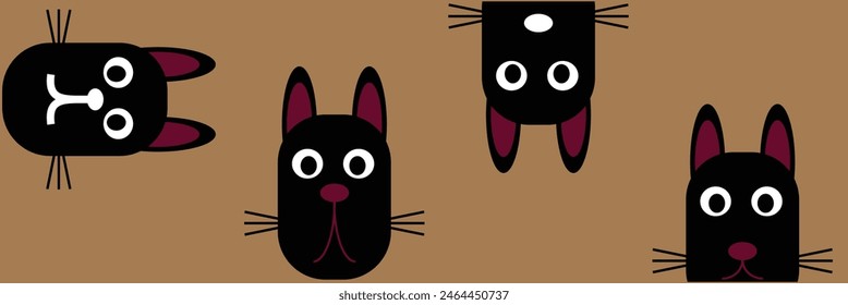 Cat set line banner. Happy sad black kitten head face. Hanging upside down. Cute kawaii funny cartoon baby character. Happy Halloween. Notebook sticker print. Brown background Vector. Eps10.