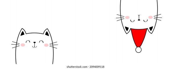 Cat set. Line banner. Merry Christmas Happy New Year. Upside down. Red Santa hat. Funny cute kawaii doodle animal. Two kitten kitty. Cartoon funny pet character. Flat design. White background Vector