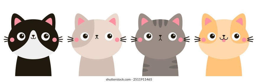 Anuncio de línea de juego de gatos. Conjunto de iconos de cabeza de cara redonda. Diferentes razas, colores y patrones, emociones. Lindo gatito, gatito. Caricatura kawaii personaje divertido. Impresión de la etiqueta engomada. Diseño plano. El fondo blanco. Vector