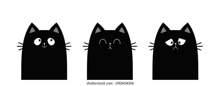 Cat Set Line Banner. Sad Happy Sleeping Black Kitten Face Head. Funny Cute Kawaii Cartoon Baby Character. Notebook Sticker Print Template. Happy Halloween. Flat Design. White Background. Vector