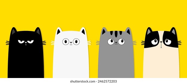 Cat set line. Black, gray, white kitten icon. Funny face head. Different emotion. Sad happy angry. Cute cartoon character. Kawaii animal. Love card. Flat design. Yellow background. Isolated. Vector