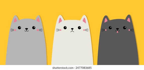 Cat set line. Black, gray, white kitten icon. Funny face head. Cute cartoon character. Kawaii animal. Love Greeting card. Silhouette sticker print. Flat design. Yellow background. Isolated. Vector