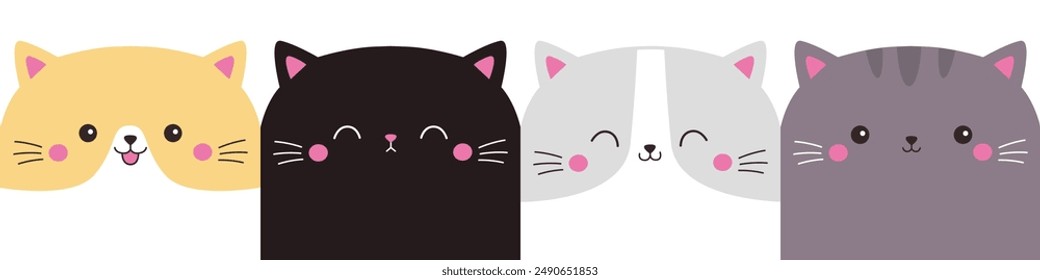 Cat set line. Black, white, gray, orange kitten icon. Kawaii animal. Funny face head. Cute cartoon character. Different emotion. Sad happy angry. Love card banner. Flat design. White background Vector