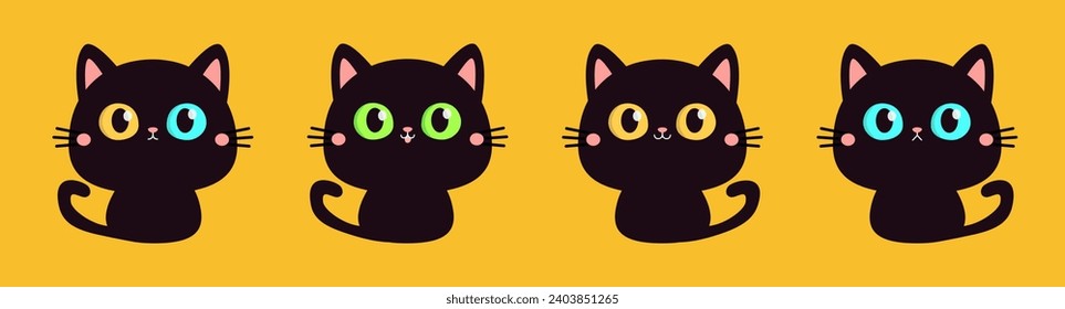 Cat set line. Cartoon pet baby character. Kitten with big yellow, blue, green eyes. Black silhouette icon. Cute face. Pink ears, nose, cheek. Funny kawaii animal. Flat design. Yellow background Vector