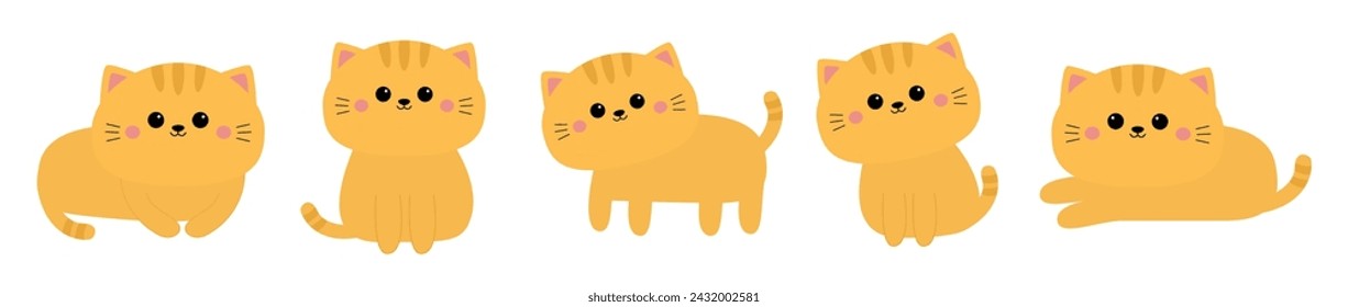 Línea de juego de gatos. Diferentes poses. Acostado, de pie, sentado gatito rojo. Caricatura kawaii divertido personaje de bebé. Cara linda, huella de pata. Colección Kids. Estampado de pegatinas. Diseño plano. Fondo blanco. Vector