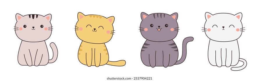 Cat set line. Kitten sitting. Different color. Funny kawaii animal. Cute face. Cartoon pet baby character. Black contour icon. Childish style. Flat design. White background. Vector illustration