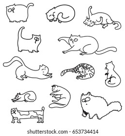 Cat set. Linear cats. Different cat poses. Cat pose. Line art. 