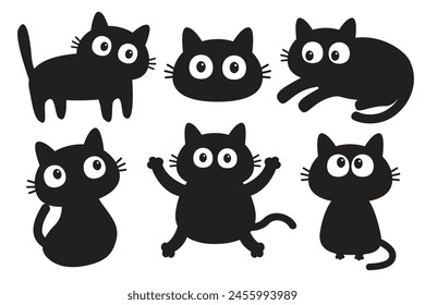 Juego de gatos. Arañazo de uñas, sentado, acostado, durmiendo, mirando. Gatito negro con cara de ojos grandes. Caricatura linda kawaii divertido bebé mascota personaje. Diseño plano. Estampado de pegatinas. Vector de fondo blanco