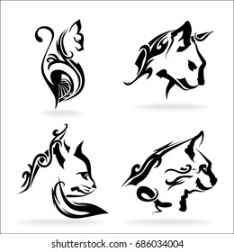 Cat, set, on white background, tribal, illustration