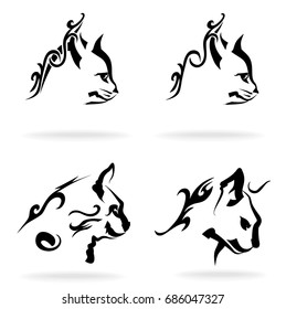 Cat, set, on white background, tribal, illustration