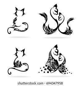 Cat set, on white background, illustration, tribal