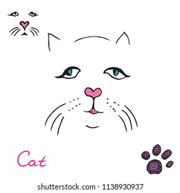 Cat set, paw print and face, hand drawn doodle, sketch, outline black and white vector