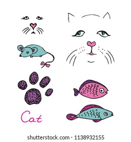 Cat set, paw print and faces, mouse and fish colorful toys, hand drawn doodle, sketch, outline black and white vector illustration