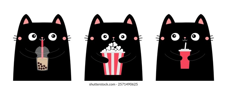 Cat set. Popcorn, bubble milk tea, soda. Kitten watching movie. Cute cartoon funny character. Film show. Cinema theater. Kids sticker print. Childish style. White background. Flat design Vector