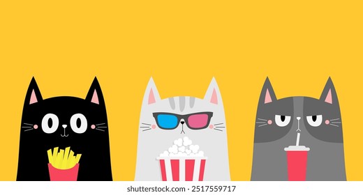 Cat set. Popcorn, french fries, soda. Kitten in 3D glasses watching movie. Cinema theater. Cute cartoon character. Film show. Kids sticker print. Childish style. Yellow background. Flat design Vector