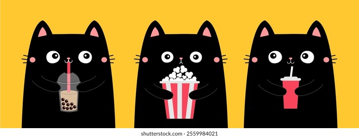 Cat set. Popcorn, Soda, bubble milk tea. Kitten watching movie. Cute cartoon funny character. Cinema theater. Film show. Kids sticker print. Childish style. Yellow background. Flat design Vector