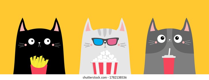 Cat Set. Popcorn, Soda, French Fries. Cinema Theater. Cute Cartoon Funny Character. Film Show. Kitten In 3D Glasses Watching Movie. Kids Print For Notebook Cover. Yellow Background. Flat Design Vector