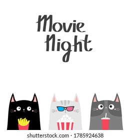 Cat set. Popcorn, soda, french fries. Movie night. Cinema theater. Cute cartoon funny character. Film show. Kitten in 3D glasses. Kids print for notebook cover. White background. Flat design Vector