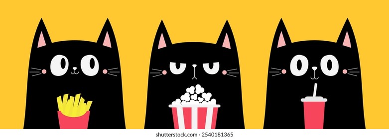 Cat set. Popcorn, Soda, French fries. Kitten watching movie. Cute cartoon funny character. Cinema theater. Film show. Kids sticker print. Childish style. Yellow background. Flat design. Vector