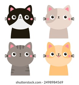 Cat set. Round face head icon set. Different breeds, colors and patterns, emotions. Cute kitten, kitty. Cartoon kawaii funny baby character. Sticker print. Flat design. White background. Vector