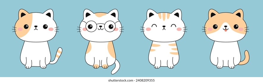 Cat set. Sitting kitten in glasses, sleeping kitty. Face line contour silhouette icon. Funny kawaii smiling doodle animal. Cute cartoon baby pet character. Flat design. Blue background. Vector