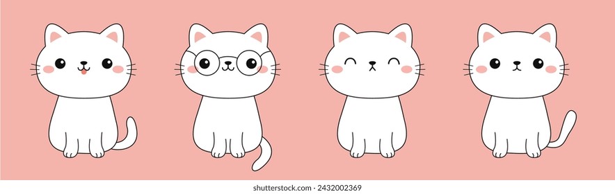 Cat set. Sitting kitten in glasses, sleeping kitty.Funny kawaii smiling doodle animal. Face line contour silhouette icon. Cute cartoon baby pet character. Flat design. Pink background. Vector