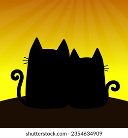 Cat set sitting and watching sunset sunrise. Love couple silhouette. Cute black kitten hugging. Cartoon character. Funny kitty set. Happy family. Valentines day. Flat design. Yellow background. Vector