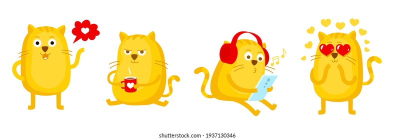 Cat set of stickers. Ginger cat. Mascot character. Music headphones. Love coffee. Active lifestyle pet situation. Cartoon vector.