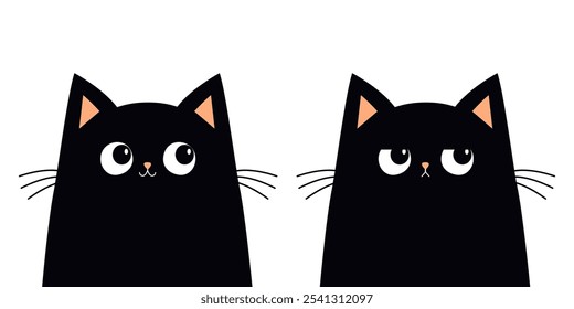 Conjunto de gatos. Sorprendido, triste cabeza de cara enojada. Gatito negro con ojos grandes. Lindo kawaii divertido icono animal de mascota. Dibujos animados divertido personaje de bebé. Orejas rosadas, nariz. Diseño plano. El fondo blanco. Aislado. Vector