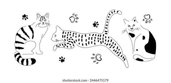 Cat set. Tabby and spotted cats sketch. Black and white cats line art. Abstract cat icon set collection. Cute funny linear character. Kitten pet Hand drawn vector illustration in doodle style