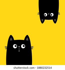 Cat set. Two black kitten head face silhouette. Hanging upside down. Funny Cute kawaii cartoon baby character. Notebook sticker print template. Happy Halloween. Flat design. Yellow background. Vector