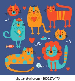 CAT SET Valentine Day Love Hand Drawn Flat Design Cartoon Cute Animal Vector Illustration Clip Art Collection For Print