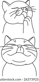 Cat set vector outline illustrations. The top cat is closing its eyes and licking its paw, showing a classic grooming pose. The bottom cat has its eyes shut and tongue out
