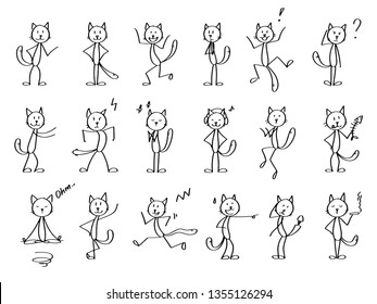 Cat set. Vector outline stick men cats. Funny and cute figures of cats in different positions and in a movement, expressing different moods and emotions.