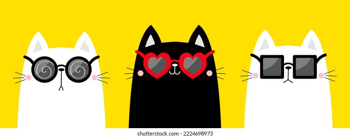 Cat set wearing sunglass eyeglasses. Round, heart square shape sunglasses. Blue black red lenses. Cute cartoon kawaii funny character. Kitten in eyeglass. Yellow background. Flat design. Vector