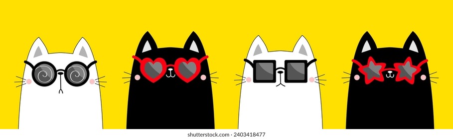 Katze mit Sonnenbrille auf. Runde, sternförmige, herzquadratische Sonnenbrille. Schwarze rote Linsen. Kätzchen in Brille. Cute Cartoon kawaii lustigen Charakter. Gelber Hintergrund. Flaches Design. Vektorgrafik