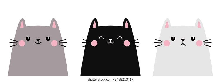 Cat set. White Black Gray kitten kitty face head icon. Funny kawaii doodle animal. Cute cartoon funny baby character. Pet collection. Line banner. Flat design. Isolated. White background. Vector